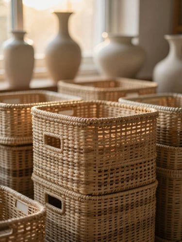 Close-up of neatly stacked woven storage baskets and ceramic vases in a warm, sunlit warehouse, soft golden hour light, shallow depth of field