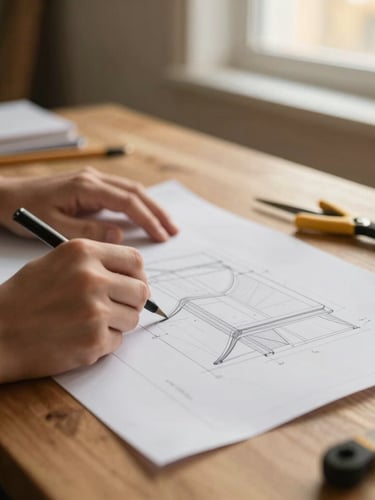 Close-up of a designer's hands drafting a technical furniture blueprint on a warm wooden desk, architectural tools, soft window light, warm editorial photography, shallow depth of field, 35mm