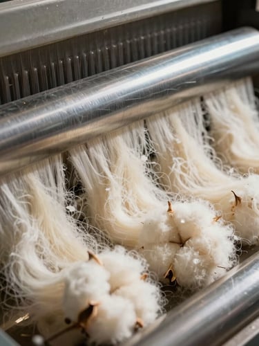Close-up of raw cotton fibers being processed through industrial combing machinery, dramatic side-lit shadows, warm cream textures contrasting with cool steel rollers