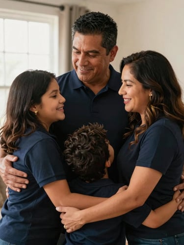 A warm editorial photograph of a Hispanic family embracing in a sunlit living room, soft window light, professional 35mm, deep navy accents.