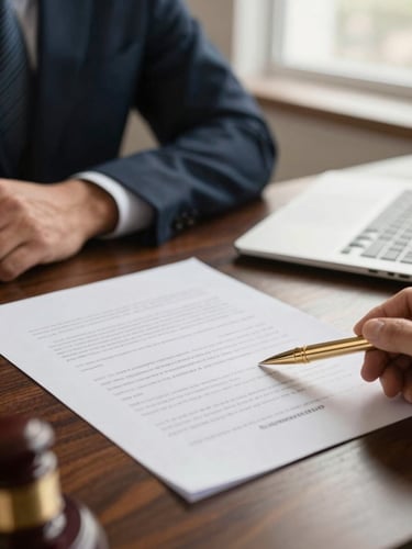Close-up of professional legal documents on a dark wooden desk, warm side lighting, gold pen resting on a signed form, high-trust corporate environment