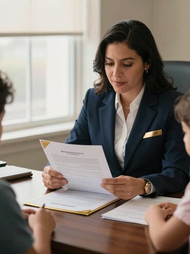 A professional immigration attorney in a warm-lit office, reviewing legal documents with gold accents, soft window lighting, 35mm photography.