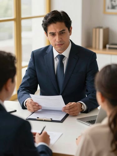 Professional lawyer in a navy suit discussing visa documentation with an employer in a bright office, warm editorial photography, soft window light, gold accents, 35mm