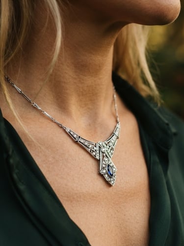Close-up of a sterling silver Art Deco necklace resting on a woman's collarbone, soft fog-filtered morning light, macro photography, shallow depth of field, warm editorial tone