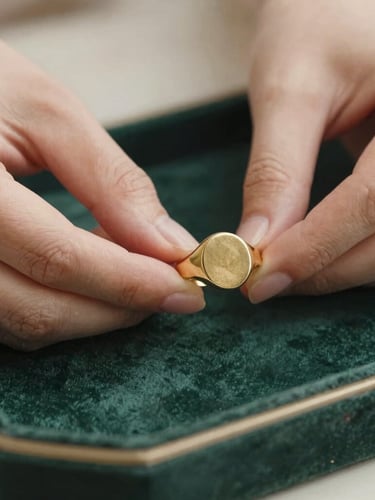 Macro photograph of hands holding a tarnished gold signet ring over a worn velvet tray, soft diffused daylight, shallow depth of field, warm editorial aesthetic
