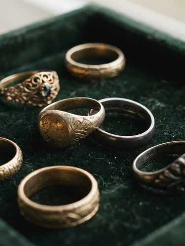 Tactile macro photograph of tarnished vintage gold rings and sterling silver hallmarks on a dark velvet tray, soft fog-filtered daylight