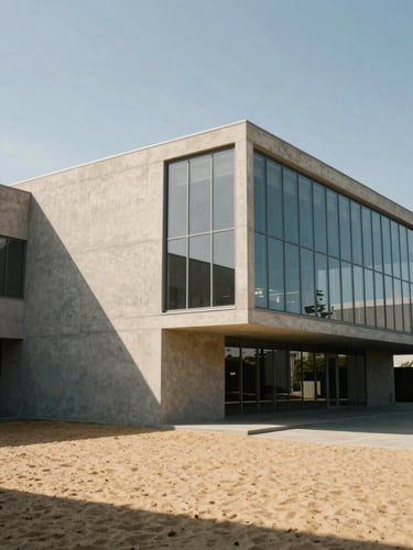 Low-angle architectural shot of a minimalist concrete and glass building with sharp shadows under bright sunlight, warm sand tones, 35mm