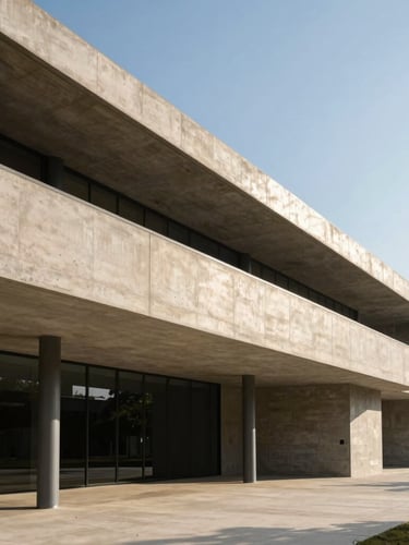 Wide-angle architectural photography of a modern concrete and steel building exterior, sharp natural sunlight, deep shadows, warm sand tones, 35mm
