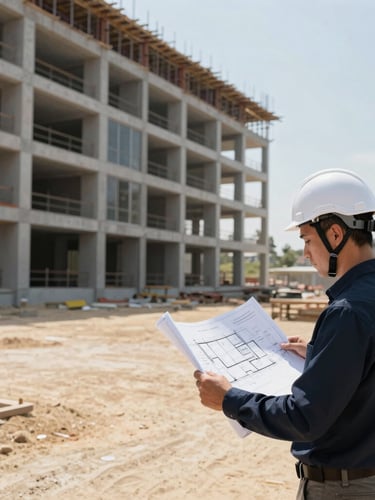 A professional modern engineer in a clean white helmet reviewing architectural blueprints on a high-end construction site, sharp natural light, 35mm