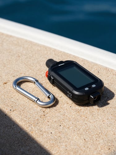 Close-up of a technical dive computer and rugged carabiner resting on a sand-crusted boat deck under harsh coastal sunlight.