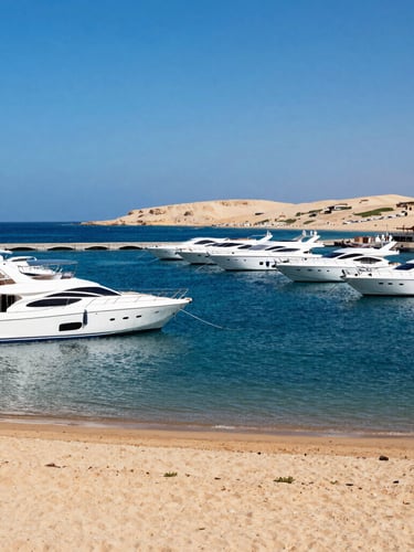 Wide panoramic shot of Hurghada Marina under harsh midday sun, sleek white yachts docked in deep blue Red Sea water, sandy coastline in background.