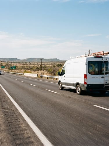 Branded TECHNOLOGY TEAM LLC service vehicle speeding on a Texas highway, bright natural sunlight, wide environmental shot, low horizon.