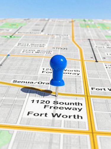 Map of the Fort Worth-Dallas metroplex with a prominent pin at 1120 South Freeway, Fort Worth, showing our headquarters and service area, bright and clear.