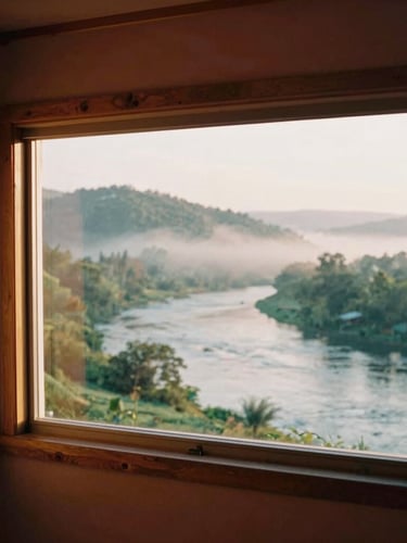 Cozy room interior with natural wooden accents, a window overlooking a misty river and hills, soft morning golden hour light, warm editorial photography, shallow depth of field, 35mm film.