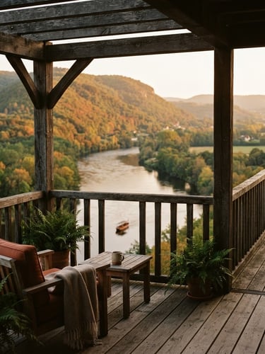 Wide shot of a wooden veranda overlooking a flowing river, forested hills on the opposite bank, soft morning golden hour light, warm editorial photography, terracotta and forest green tones, shallow depth of field, 35mm film.