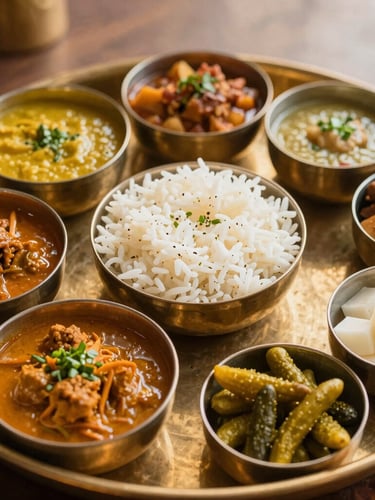 Exquisite Nepali-Newar Thakali meal platter with multiple small bowls of curries, rice, and pickles, served in traditional brassware, close-up, warm golden light