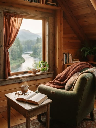 Cozy room interior with natural wooden accents, warm morning light filtering through a window, river view from window, shallow depth of field, 35mm film
