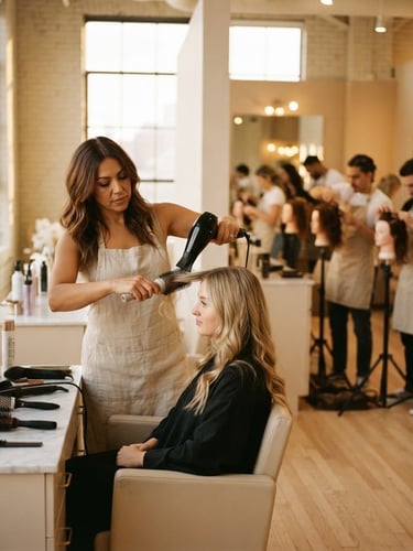 Polished salon interior with a stylist performing precision styling on a client, and in the background, students practicing hair techniques on mannequins in a well-lit academy classroom. Warm, soft natural light, ivory and beige tones, shallow depth of field.
