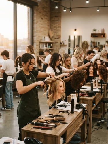 Wide shot of students practicing hair styling techniques on mannequins in a modern, well-lit classroom, warm editorial photography, soft golden-hour window light, ivory and beige tones, shallow depth of field, 35mm