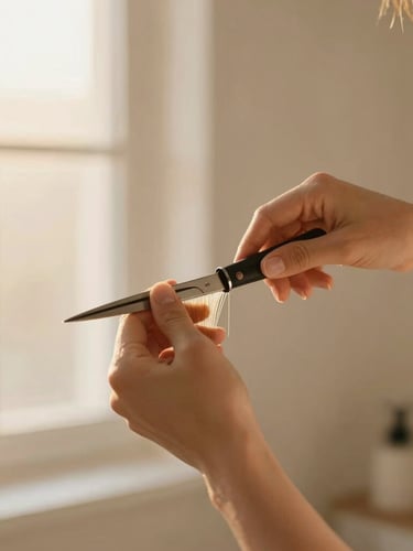Portrait-oriented image of a stylist's hands meticulously cutting hair, soft golden light, shallow depth of field, beige and ivory tones.