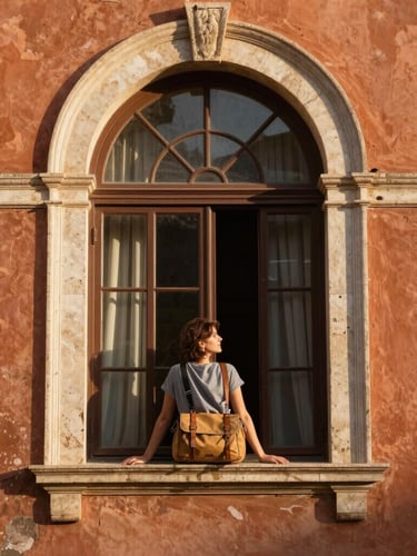 Elegant traveler looking out of a classic arched window in Rome, warm afternoon light casting soft shadows, editorial travel photography, 35mm lens.