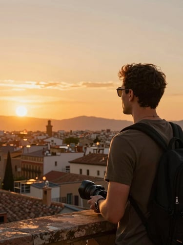 An elegant traveler looking out at the sunset over the historical rooftops of Barcelona, warm golden-hour sunlight, cinematic composition, 35mm lens, rich saturated colors