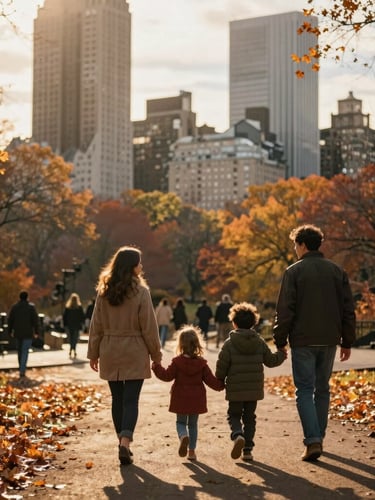A family walking hand-in-hand through Central Park in New York during golden hour, warm autumn leaves on the ground, skyscrapers softly blurred in the background, cinematic 35mm photography.