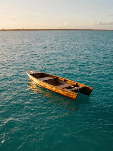 Wide-angle shot of a tranquil turquoise natural pool in João Pessoa, a private wooden catamaran floating gently, warm golden-hour sunlight reflecting on the clear water, low horizon, 35mm lens