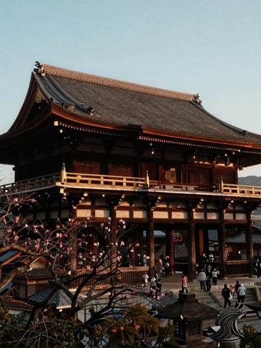 Wide-angle editorial travel photography of a traditional Japanese temple in Kyoto during golden hour, soft light, rich colors, cinematic composition
