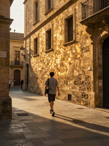 Wide-angle shot of a traveler walking through a sunlit historic street in Barcelona, warm golden hour light reflecting off stone walls, cinematic 35mm photography.
