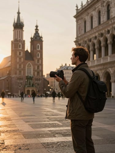 A sophisticated traveler looking at a historic European plaza during golden hour, warm sunlight, cinematic composition, elegant editorial travel photography, 35mm lens