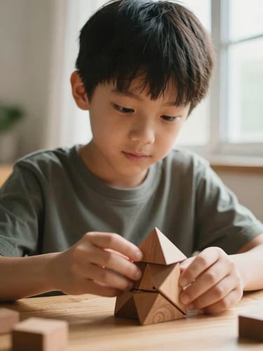 A young student in natural window light focusing on a wooden geometry puzzle, warm editorial photography, shallow depth of field