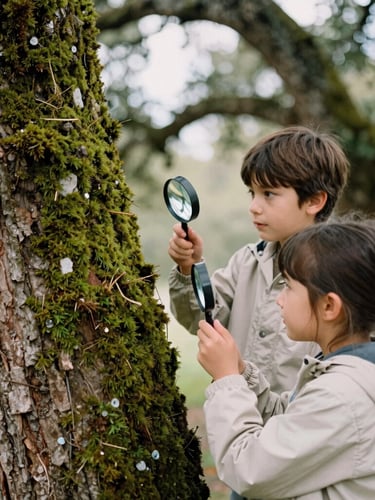 Two children in light jackets examining moss on a large live oak tree trunk, holding magnifying glasses, soft natural daylight, warm editorial 35mm style