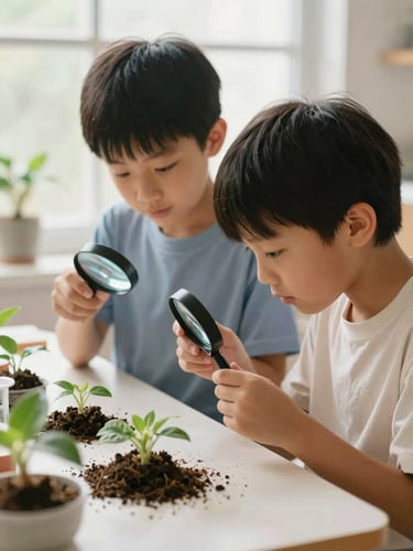 Two elementary students collaborating on a science project near a bright window, examining plant specimens with magnifying glasses, warm organic tones