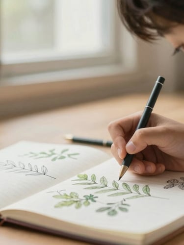 A close-up shot of a young student focused on sketching a botanical specimen in a notebook, soft window light, shallow depth of field, warm organic tones