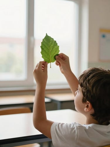 Medium shot of a young child examining a leaf specimen under soft natural window light, modern classroom setting, shallow depth of field, warm editorial 35mm photography.