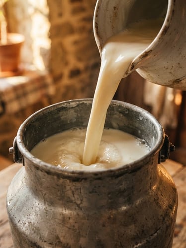 Tactile close-up of thick raw milk pouring into a traditional steel milk can, warm early morning golden-hour light, soft side shadows, rich cream tones
