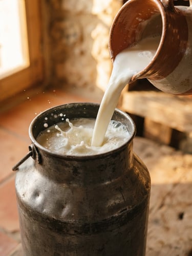 Tactile close-up of thick fresh milk pouring into a traditional steel milk can, warm early morning golden-hour light with soft side shadows, rich cream and terracotta tones, 50mm lens
