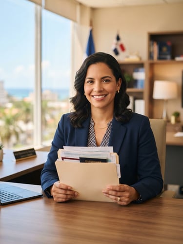A professional consular advisor in a bright, sunlit office in Santo Domingo, holding a neat folder of travel documents, smiling reassuringly, warm corporate tones, shallow depth of field