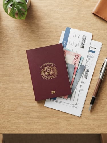 Overhead flatlay of organized Dominican passport, travel documents, and a pen on a warm sand colored desk, bright natural daylight, professional