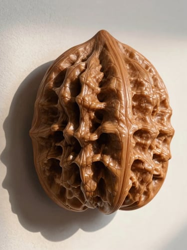Close-up of a massive textured walnut wood art installation integrated into a minimalist white plaster wall, warm low-angle natural mountain light casting soft shadows, architectural scale.