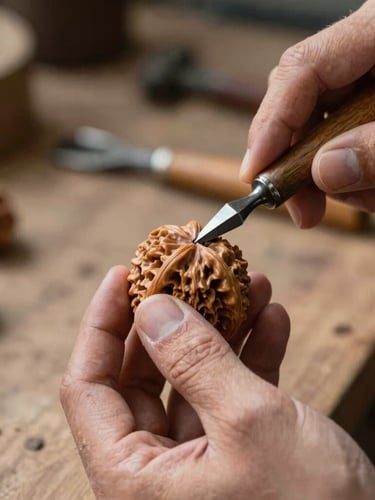 Close-up of artisan hands carefully detailing a raw walnut joint with traditional hand tools, soft shadows, workshop environment.