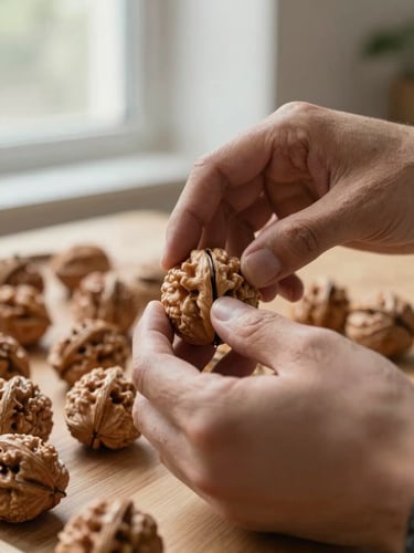 Close-up of hands detailing a physical walnut wood installation, soft natural light filtering through a studio window, high-texture grain details.