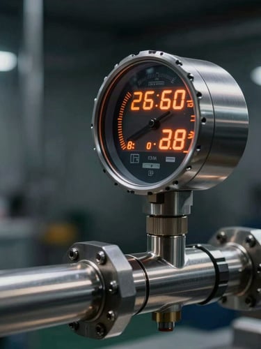 Side view of a high-precision flow meter mounted on a stainless steel pipe, digital display glowing with technical orange data, dark industrial background with dramatic directional lighting.