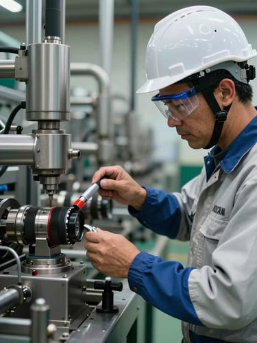 Primer plano de un ingeniero de campo con casco y lentes de seguridad ajustando un sensor de conductividad en una línea de producción farmacéutica de acero inoxidable, luz dirigida brillante.