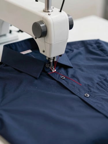 Close-up of automated embroidery machine stitching red thread onto a navy blue corporate shirt in a bright UAE facility.