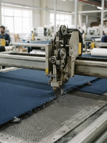 Sharp industrial photography of high-speed cutting machines slicing technical fabrics in a bright, modern Ajman production facility, natural daylight, 35mm