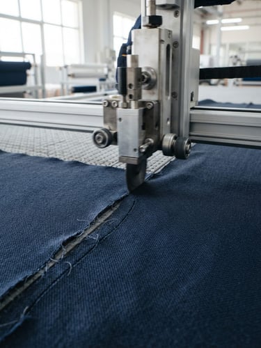 Macro shot of high-speed cutting machines slicing technical navy blue fabric in a bright, modern UAE manufacturing facility, natural daylight.