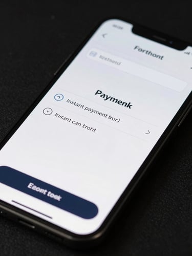Close-up of an e-commerce checkout interface on a mobile screen, ultra-clean layout, showing instant payment confirmation, high-contrast dark background.