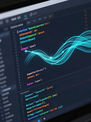 Isometric close-up mockup of a high-performance web interface on a dark screen, showing clean code lines, technical metrics, and glowing electric cyan data flow lines under cool studio lighting.
